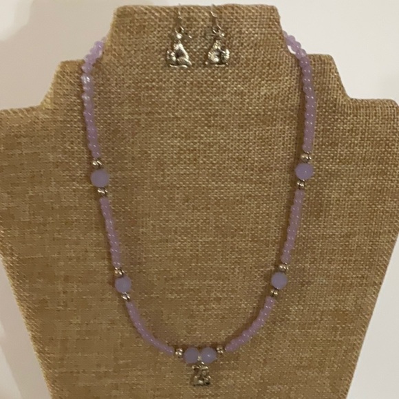 Hand Crafted Rabbit Charm Necklace Pierced Earrings Lavender Silver Easter Bunny - Picture 11 of 13